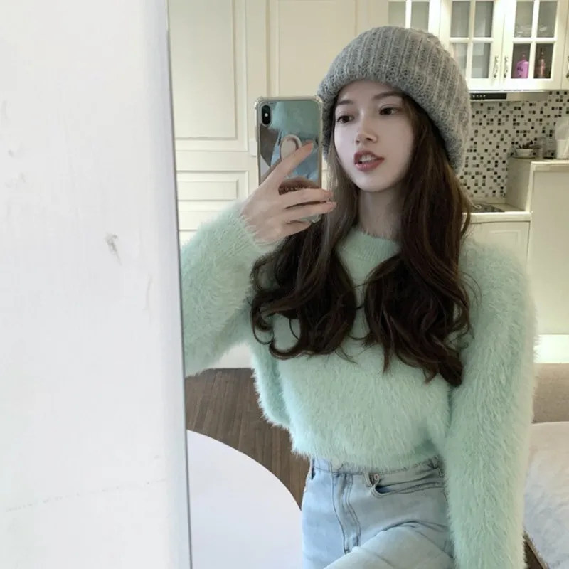 Suéter de Punto de Manga Corta y Larga con Cuello Redondo para Mujer, Otoño Invierno, Cálido, Imitación de Visón, Estilo Mode...