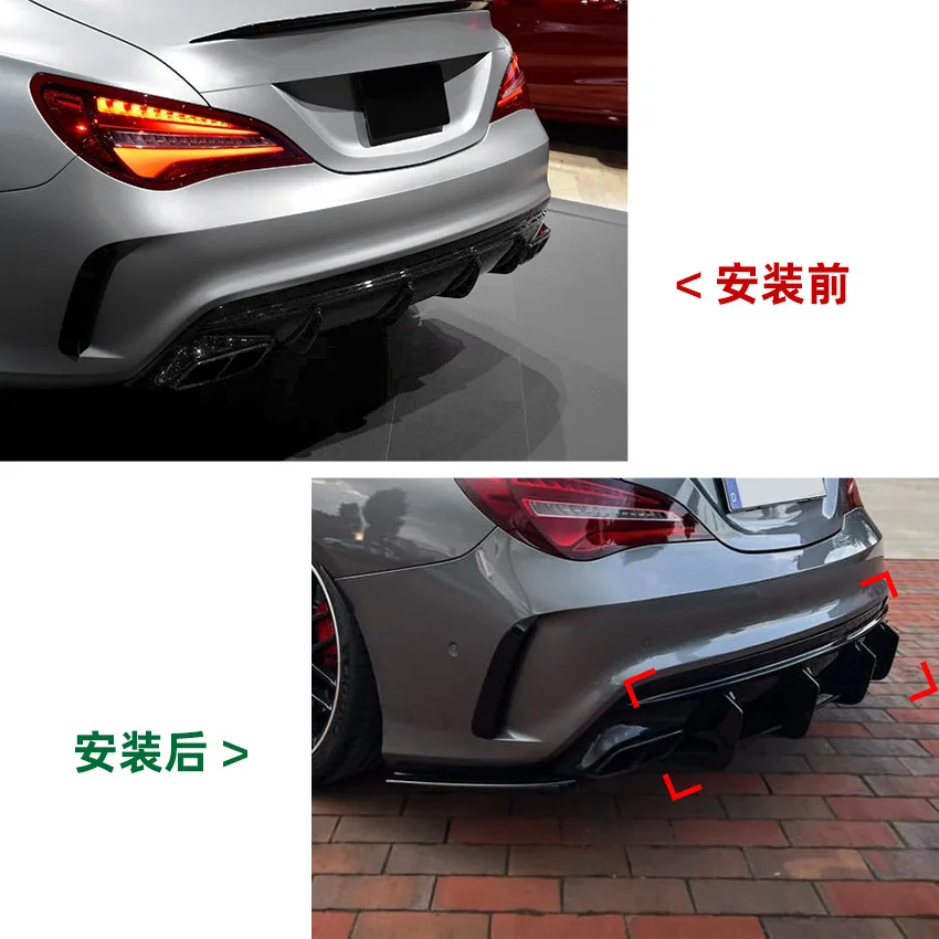 2016 - 2019 For Mercedes Benz C117 CLA45 AMG Line 4 Fins Glossy Black Car Rear Bumper Diffuser Rear Side Splitters Spoiler Lip