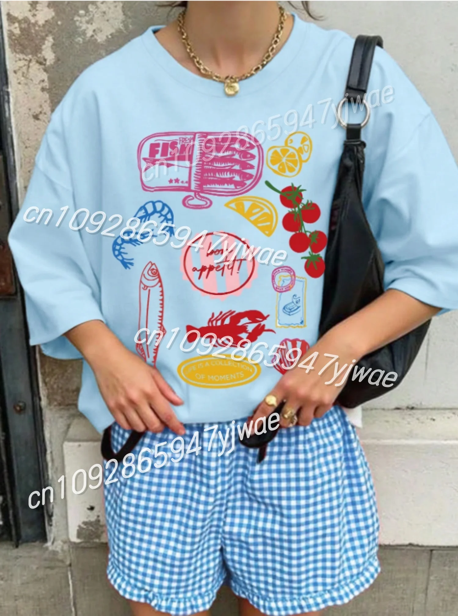 새로운 여성 정어리 랍스터 프린트 오 넥 반팔 티셔츠 여름 티 데일리 웃긴 오버 사이즈 스포츠 캐주얼 패션 티셔츠