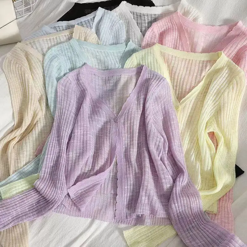 

V Neck Lace Trim Knit Sweater for Women Summer Thin Korean Style Slimming Solid Color Elegant Cardigan Sweet Top