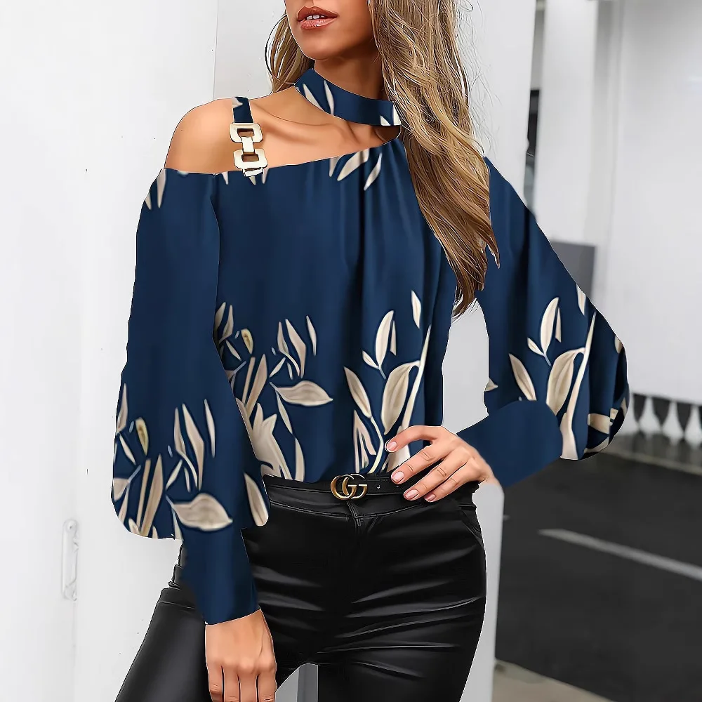 Women Choker Cold Shoulder Blouse Abstract Print Lantern Long Sleeve Decor Buckle Strap Casual Party Top