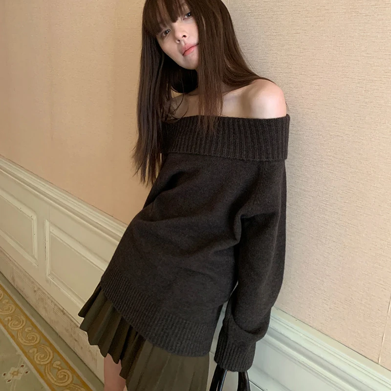 Strapless Lapel Knitted Sweaters Pullover Women Y2K Harajuku Solid Loose Sexy Long Sleeve Ladies Knitwear Fall Street Jumper Top