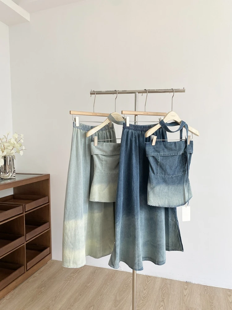 

2025 Summer New Korean Style Fashion Set Women's Tie Dye Washed Strapless Vest and Half Cowboy Skirt Two Piece Set