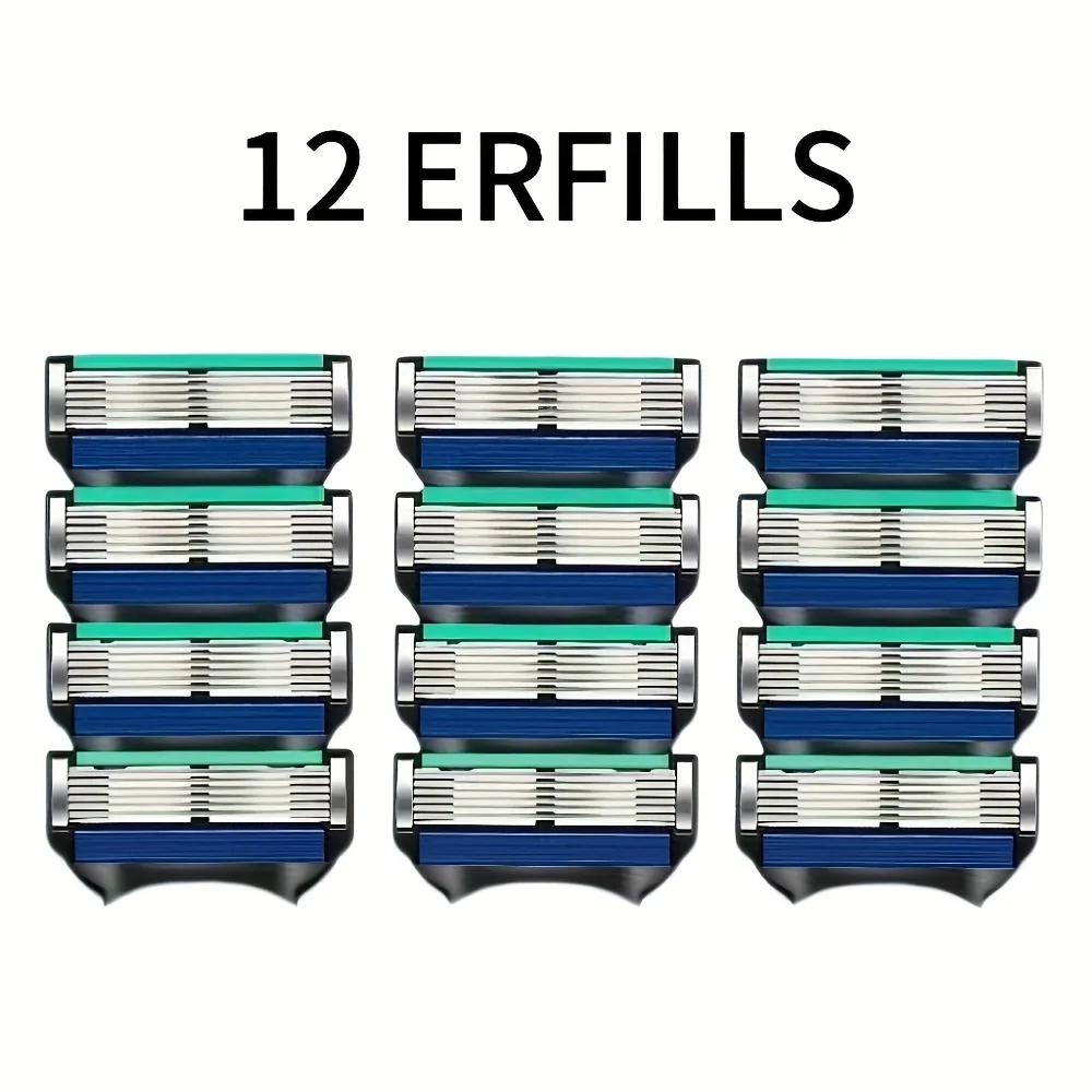 12pcs, Men's Blade Replacement Parts, 6-Layer Stainless Steel Safety Razor with Skin Protection System