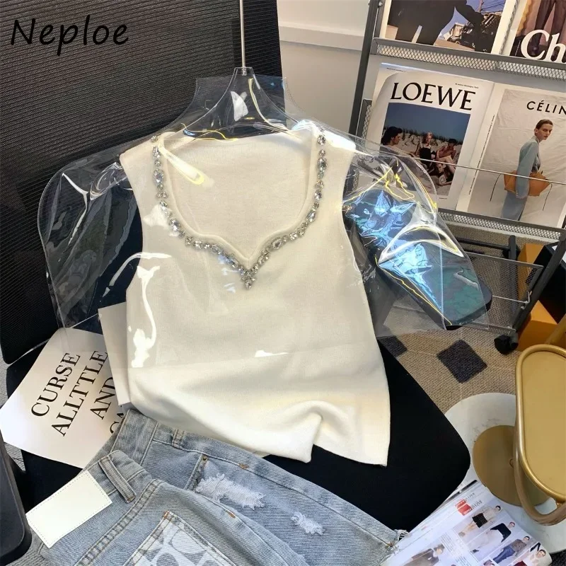 Neploe Fashion Heavy Diamond V-neck Tank Top 2024 Summer New White Vest for Women Y2k E-Girl Slim Fit Sleeveless Tops Mujer