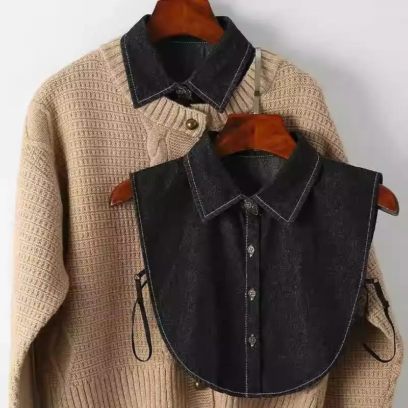 المرأة الأزرق غسلها الدنيم طوق بسيط نصف قميص نمط وهمية طوق تنوعا الديكور انفصال وأشار كاذبة طوق