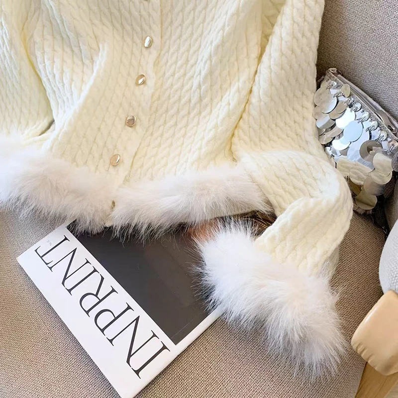 Cárdigan de punto informal elegante para mujer, suéter liso de retales peludo con botones de manga larga, prendas de vestir sencillas y elegantes con cuello redondo para oficina