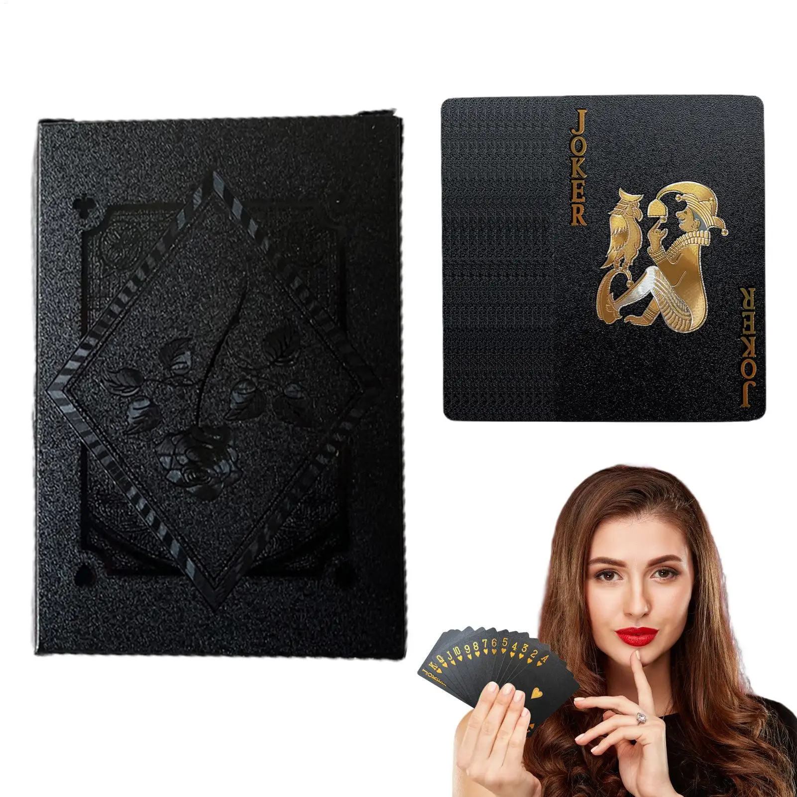 Conjunto de pôquer de folha preta com 54 cartas de pôquer à prova d'água com impressão clara, brinquedos interativos para adultos para jogos de festa de interação familiar