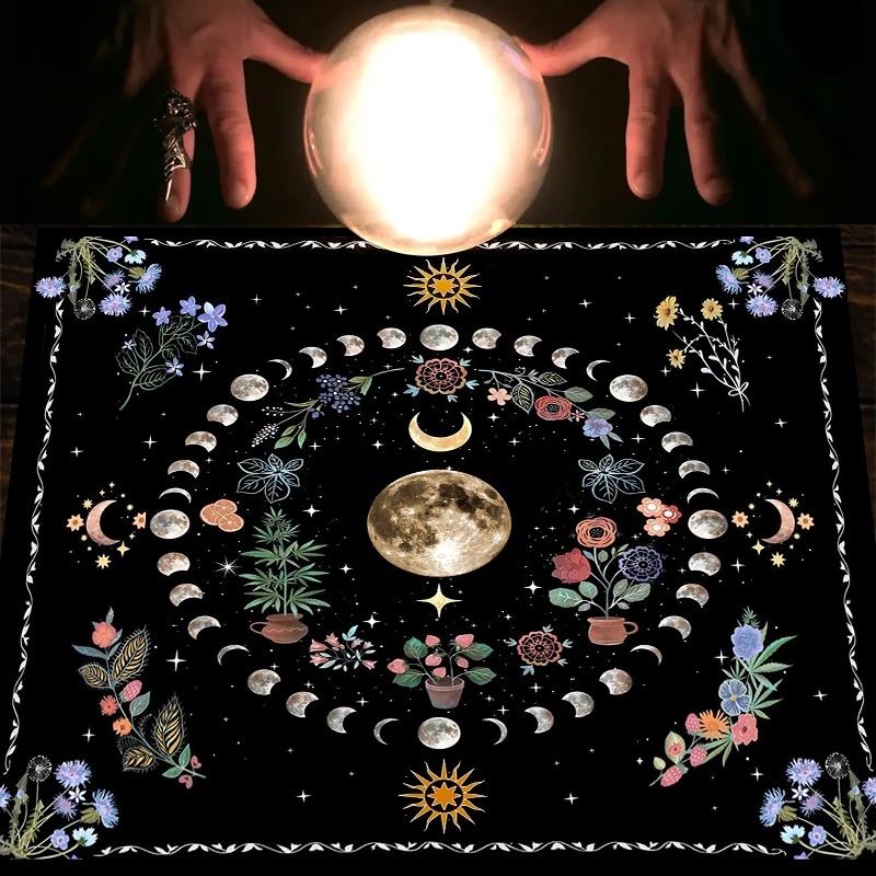 Botanical Moon Flower Tarot Tablecloth Triple Moon Altar Cloth Alter Cloth for Spread Tarot Reading Cloth Witchy Home Decor