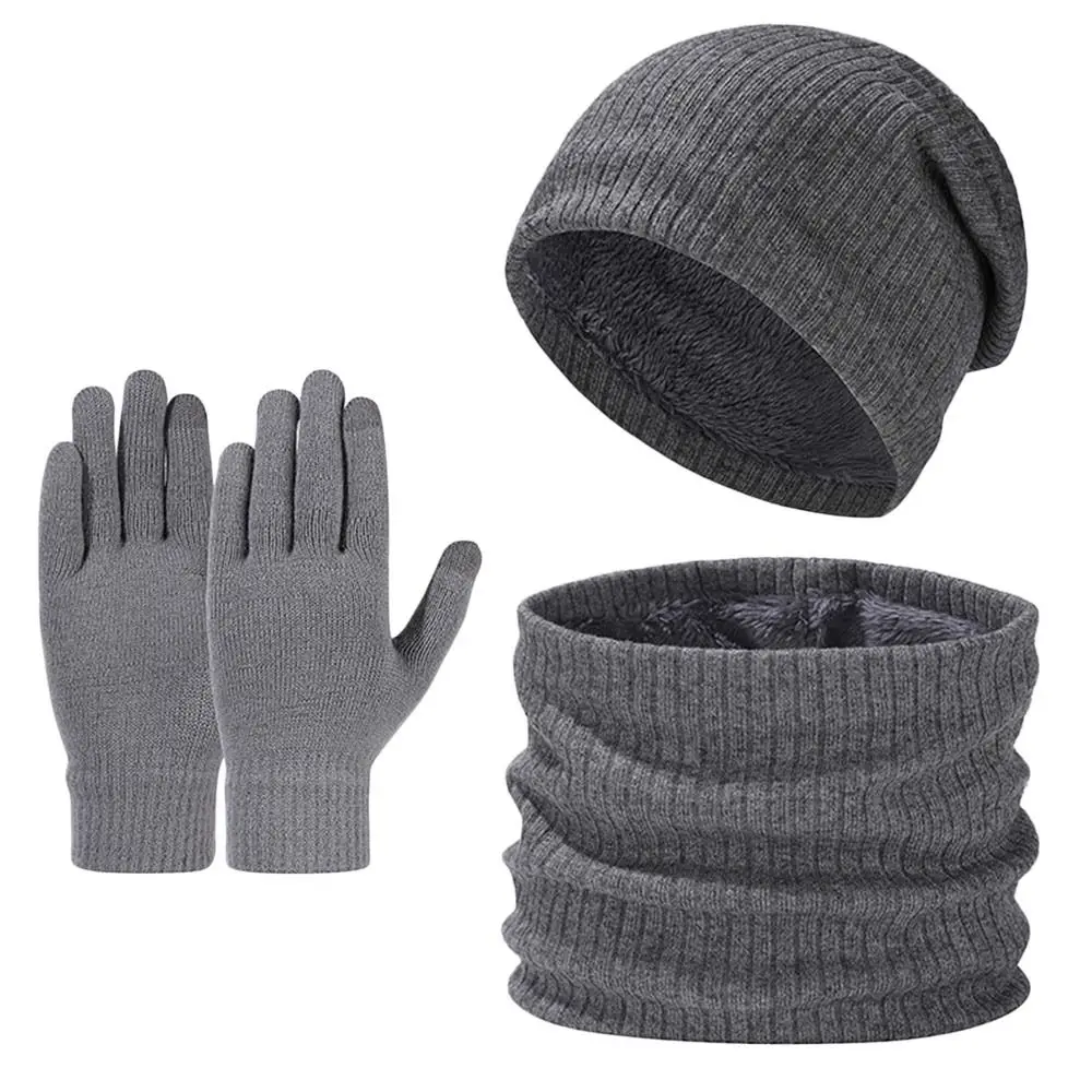 3Pcs/Set Winter Warm Knitted Hat Scarf Touchscreen Gloves Set Outdoor Riding Hat Beanies Neck Protection Scarf Cap
