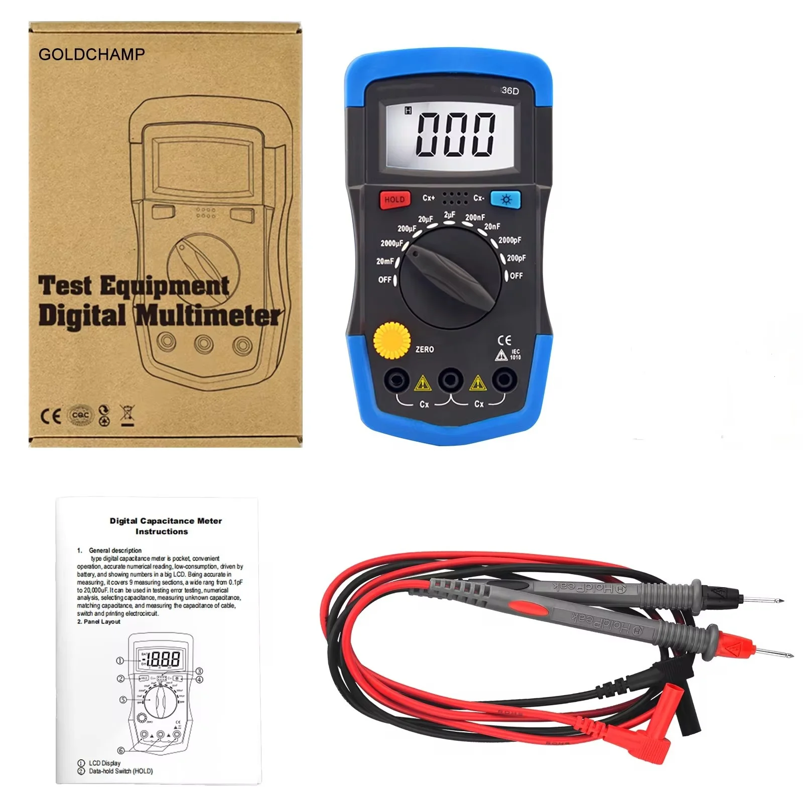 HoldPeak 1999 Counts Manual Handheld Meter,for Capacimetro Digital Capacitance Capacitor Electronic-Tool with Backlight,HP-36D