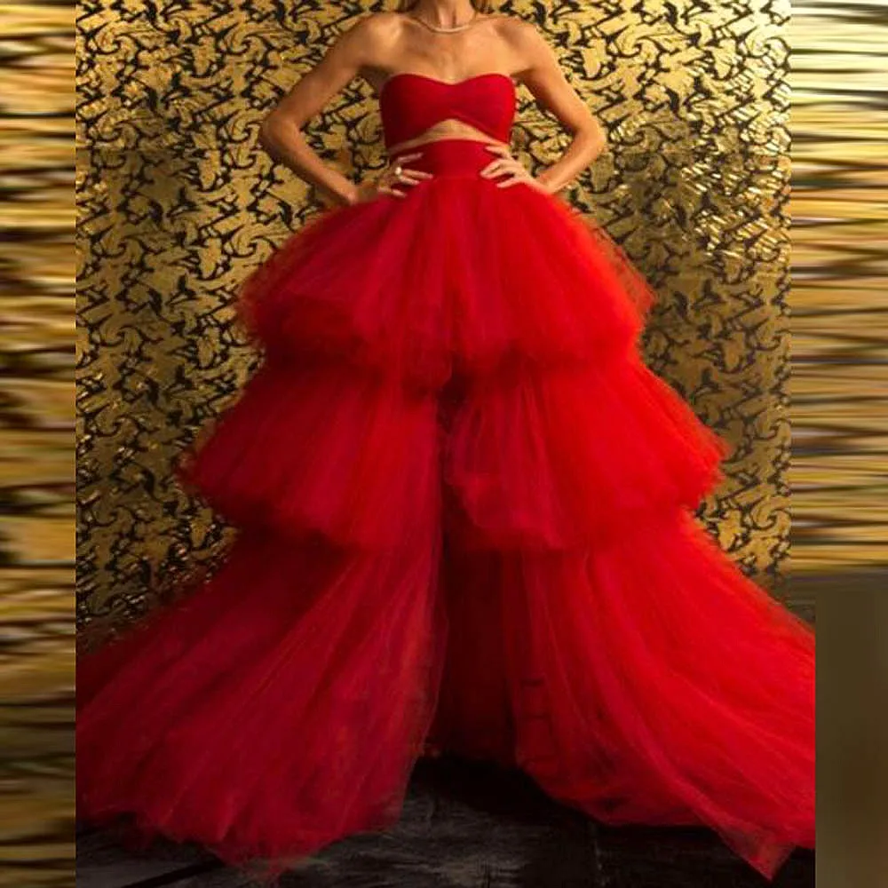 Red Tutu Tulle Skirts  Long Girls Party Skirt Tiered Puffy Long Women Birthday Skirt Female Maxi Tulle Skirt Without Top