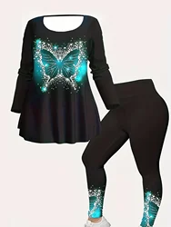 Plus Size Butterfly Pattern Two-piece Set, Crew Neck Long Sleeve Top & Pants Outfits, Women's Plus Size Clothing