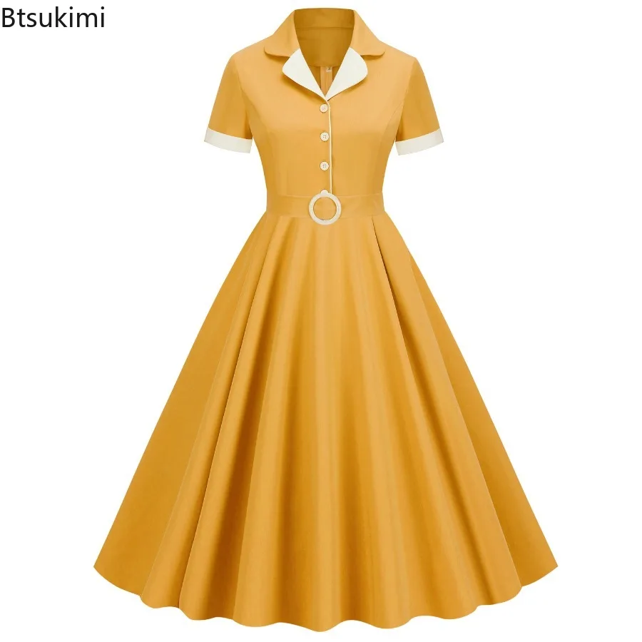 

New 2025 Women's Vintage Dress Retro Rockabilly Elegant Cocktail Party Office Swing Dress Summer Short Sleeves Dress for Women