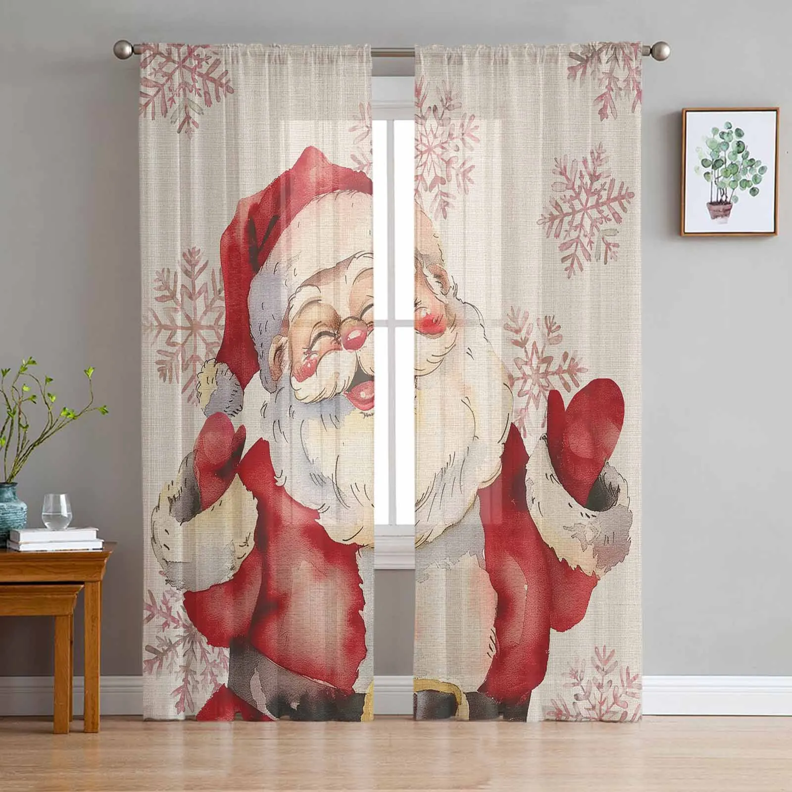 Christmas Snowflakes Retro Santa Claus Window Treatment Tulle Modern Sheer Curtains for Kitchen Living Room Curtains Decor