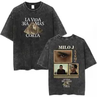 Camiseta Vintage lavada de rapero Milo J La Vida Era Mas Corta, camiseta del álbum para hombres y mujeres, camiseta de manga corta de algodón Hip Hop a la moda, regalos para seguidores