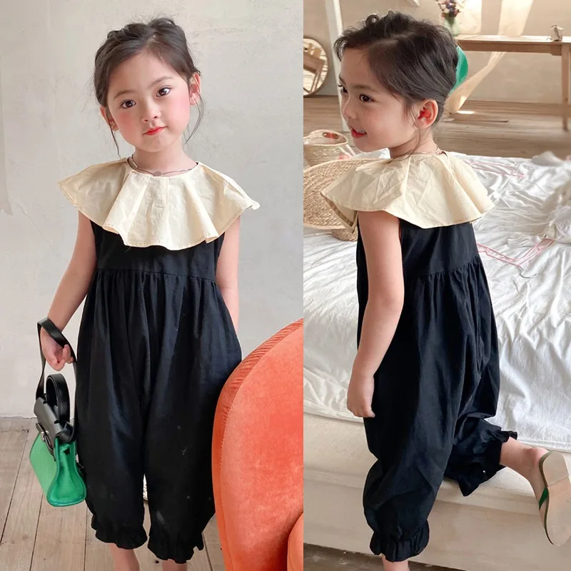 Children Girls Jumpsuit Big Cute Ruffled Collar Pants Summer Kids Girl Sleeveless Loose Legs Jumpsuits Kids Costumes Clothes