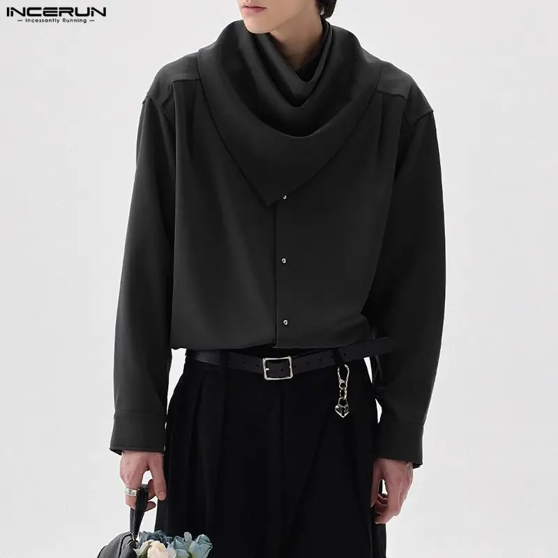 INCERUN الرجال قميص الصلبة وشاح طويل الأكمام ملابس الرجال غير رسمية فضفاضة ربيع الخريف الشارع الشهير بلوزات على الموضة الذكور القمصان S-5XL #2