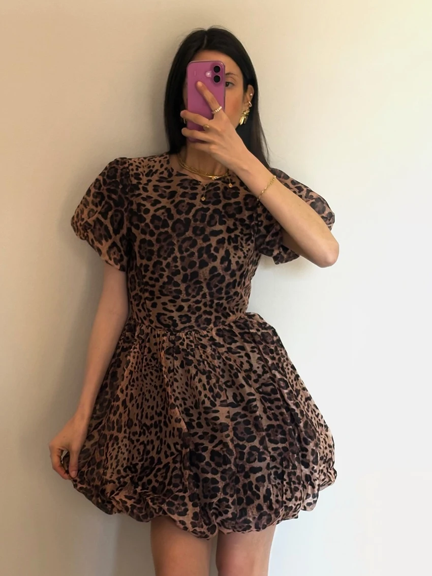 Marthaqiqi 2025 New Leopard Print Women Pajama O-Neck Sleepwear Short Sleeve Nightgown Mini Dress Casual Autumn Ladies Nightwear