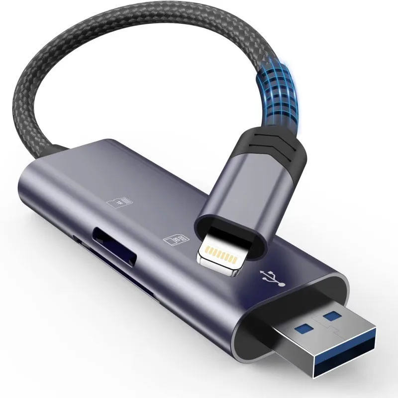 4 in 1 Lightning Card Reader SD TF USB OTG Adapter Nylon Braided Cable Photo Viewer Compatible with iPhone iPad Support USB Flas