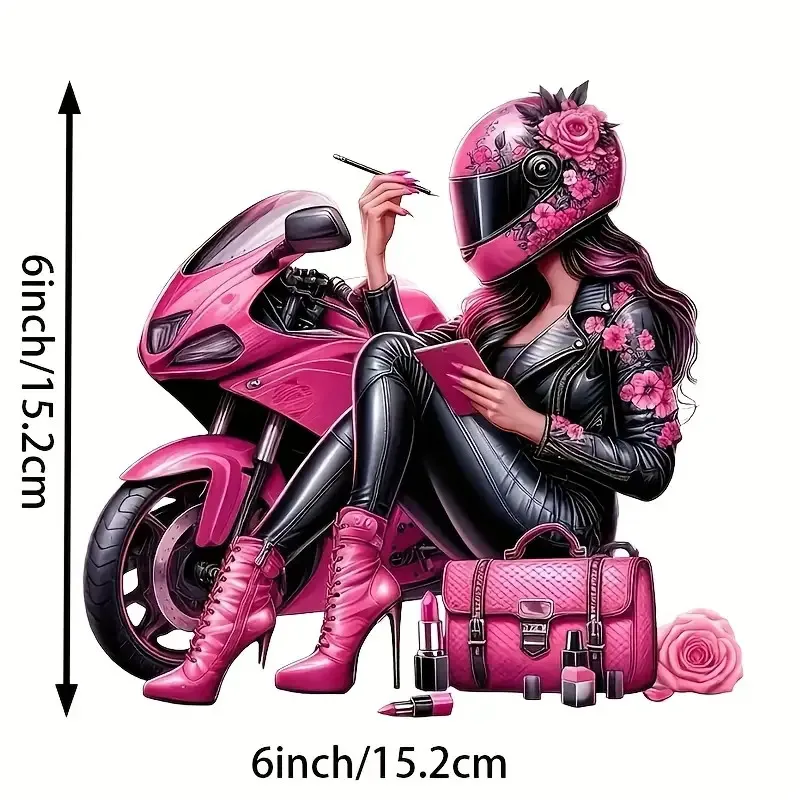 Pink Motorcycle Girl Glossy Vinyl Car Decal Sticker Waterproof Self-Adhesive for Helmet Laptop Window