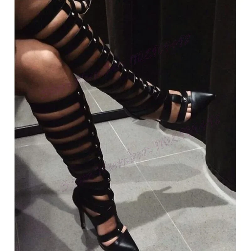 

Black Hollow Out Slip On Sandals Boots Knee High Pointed Toe Shoes for Women Thin High Heels Sexy Shoes 2025 Zapatos Para Mujere