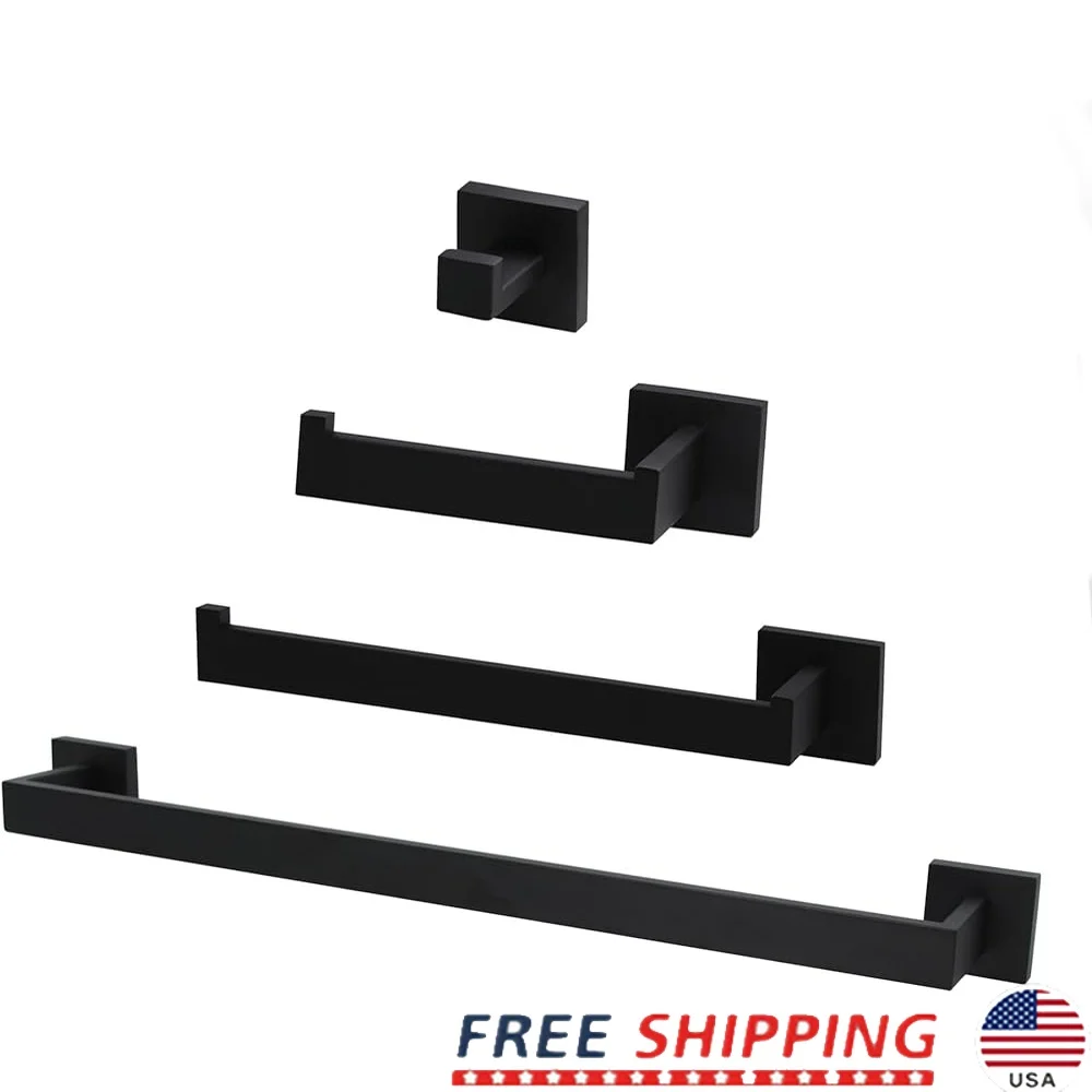 

4 Piece Bathroom Hardware Set Towel Bar Toilet Paper Holder Towel Hook Hand Towel Rack Matte Black Stainless Steel Square Design