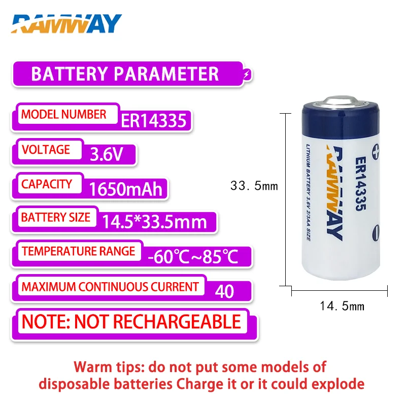 RAMWAY ER14335 2/3AA Add 51005 Plug Disposable Lithium Battery 3.6V Gas Detector Smoke Alarm Temperature Recorder ER14335H