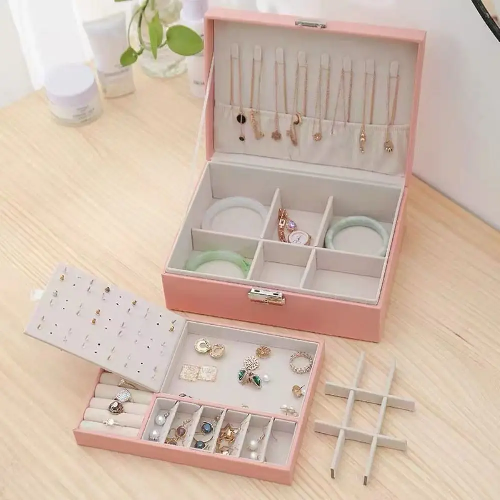 Caixa de armazenamento de jóias de camada dupla com bloqueio portátil tampa flip palma high-end caixa requintada grande capacidade sacos de jóias de viagem