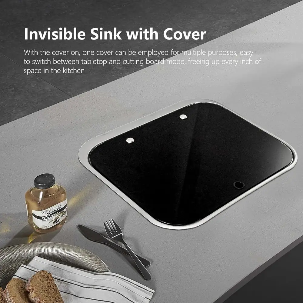 RV-gootsteen, 16,54 x 14,57 x 5,91 inch kleine roestvrijstalen bar-campinggootsteen met inklapbare kraan en deksel van gehard glas voor camper-trai