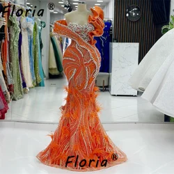 Luxury One Shoulder Orange Party Dresses Feathers Crystal Mermaid Evening Celebrity Prom Gowns Custom Made Ruffles robes soirée