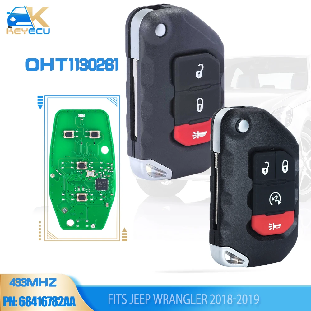 KEYECU OHT1130261 2/3/4 Button Flip Remote Key ASK 433MHZ PCF7939M 4A Chip for Jeep Wrangler 2018-2019 PN: 68416782AA