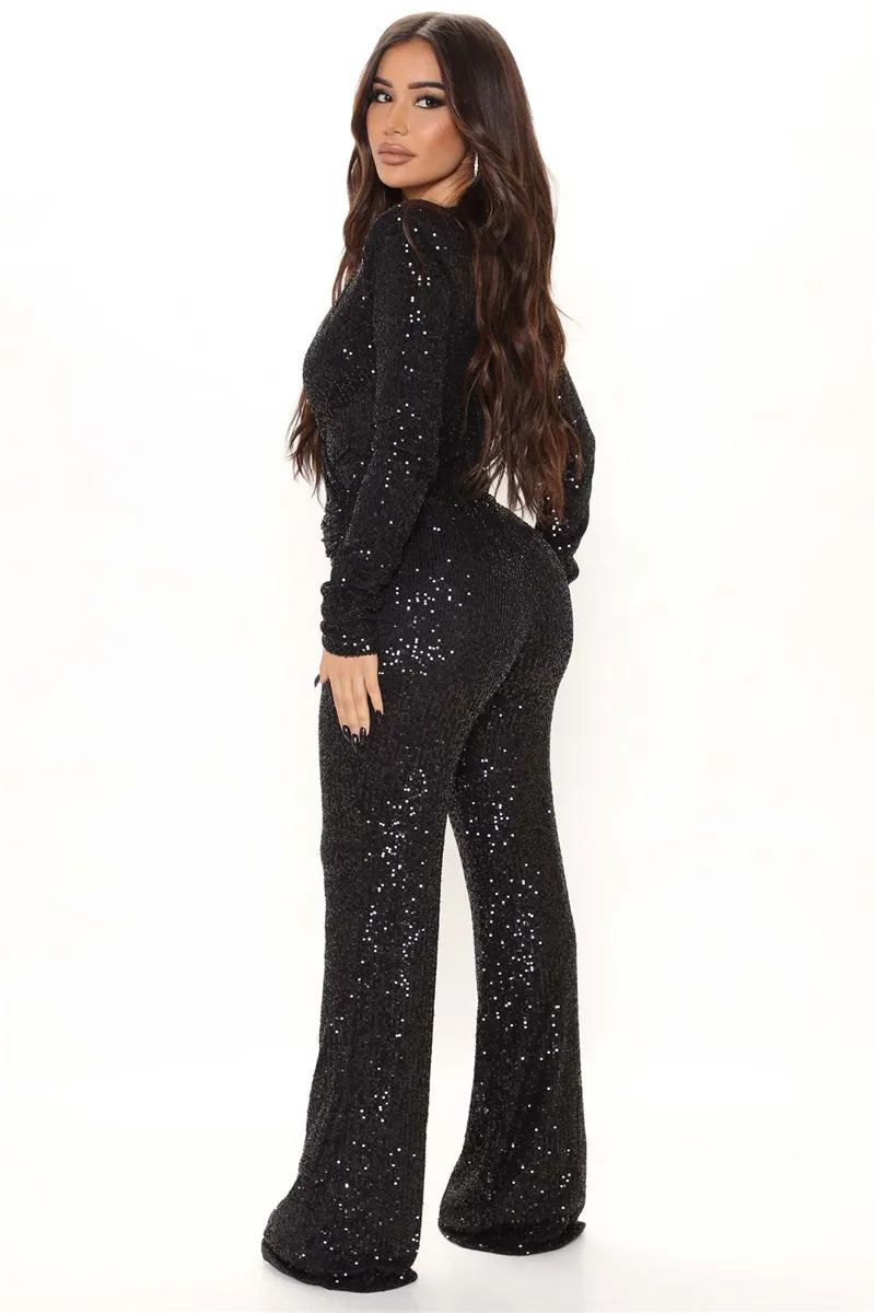 New Fashion Sequins Jumpsuit For Women Long Sleeve V Neck Draped Autumn Winter Rompers Celebrity Evening Party Club Overall