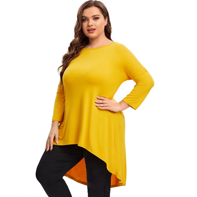 Plus Size Long Sleeve Elegant Spring Autumn Tunic Blouse Women Long Hi Low Fit Flare Swing Tops Large Size Loose T Shirt 7XL 8XL