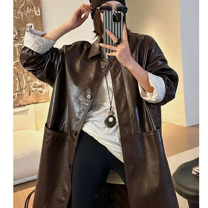 High Quality Luxury Long Trench Coat European Retro Womens Leather Outerwear