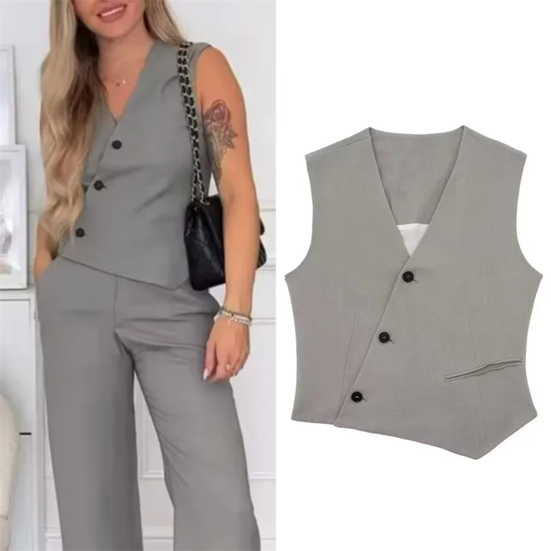 

2026 Summer New Women's Vest Gray Sleeveless Asymmetrical Design Button Decor Double-Breasted Vest Commuting Fashion
