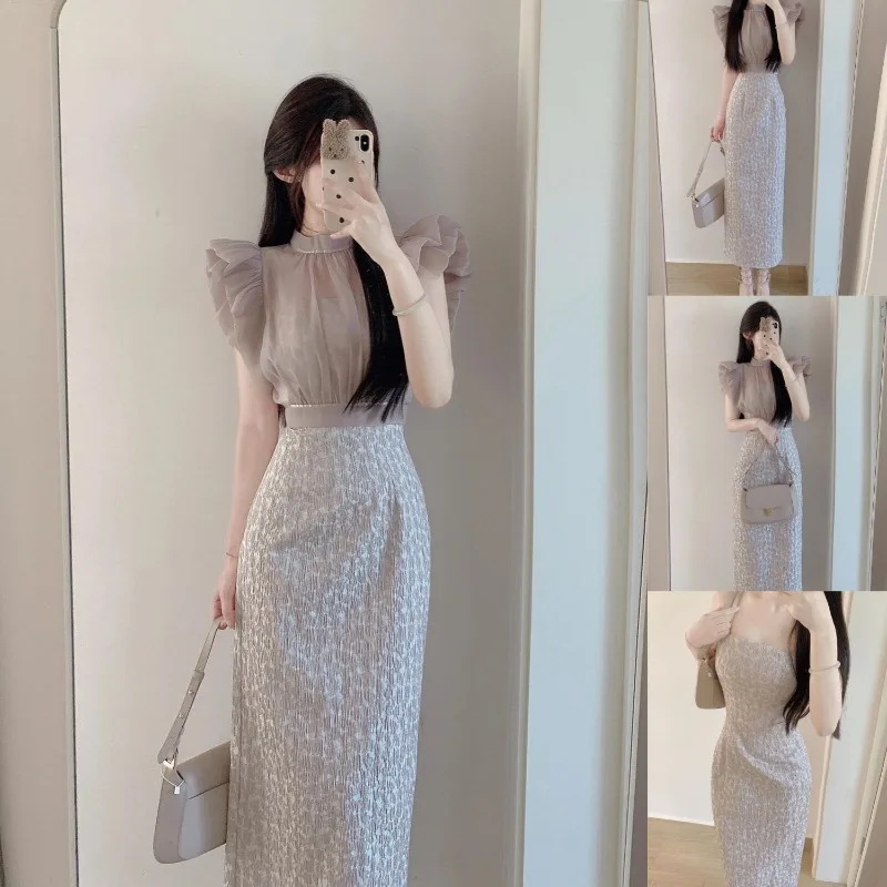 

New High End Summer Dress Set Women Luxury Fashion Chiffon Blouse Top + Spaghetti Strap Dresses Two Piece Set Elegant Suit