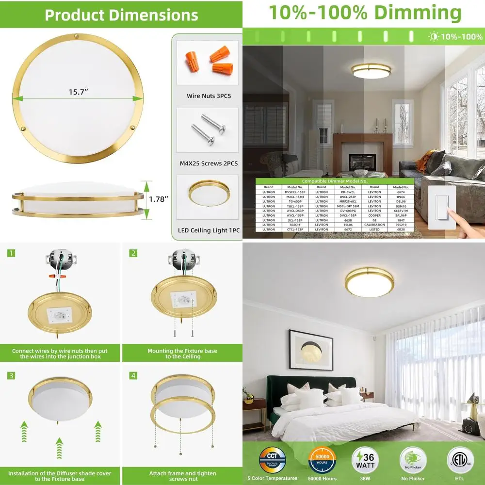 

16 Inch Gold 36W Dimmable LED Flush Mount Ceiling Light, 2200 Lumens, Adjustable Color Temperature, 120° Beam Angle, CRI90, Suit