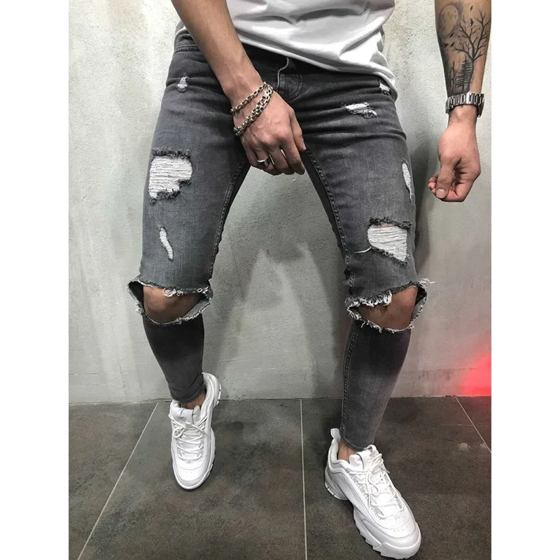 Men Jeans Hole Boyfriend Skinny Jean Printed Slim Pencil Pants Streetwear Summer Autumn Hip Hop Ripped Denim Pants Trouser 2024