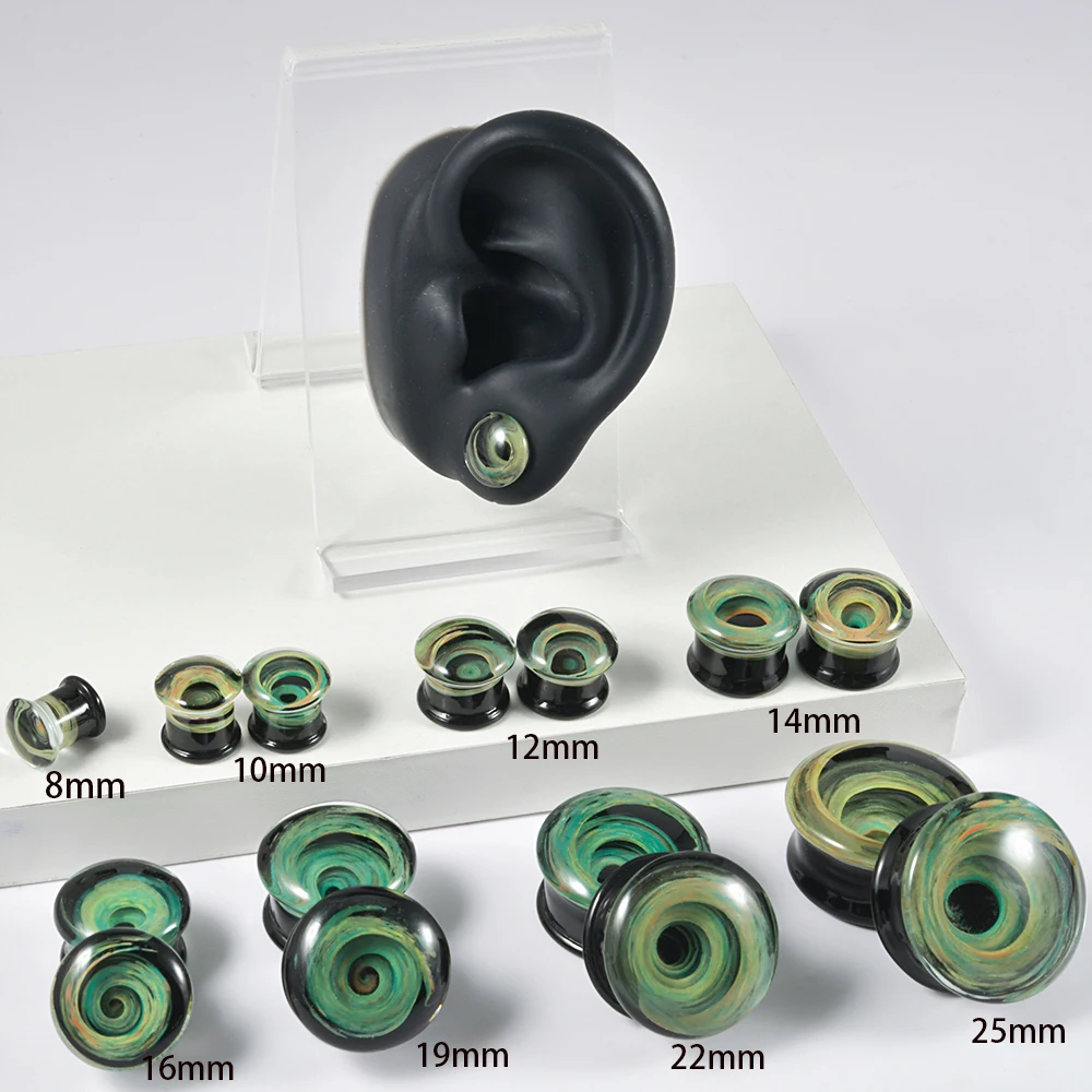 2Pcs Solid Glass Clear Oil Painting Vortex Ear Plugs Earring Ear Tunnels Gauges Ear Lobe Piercing Jewelry For Women Men