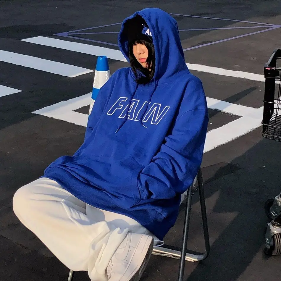 Cotton Mid-length Hooded Sweatshirt With Letter Print Drawstring Pocket Decoration Harajuku Korean Fashion Sweater y2k Top Loose