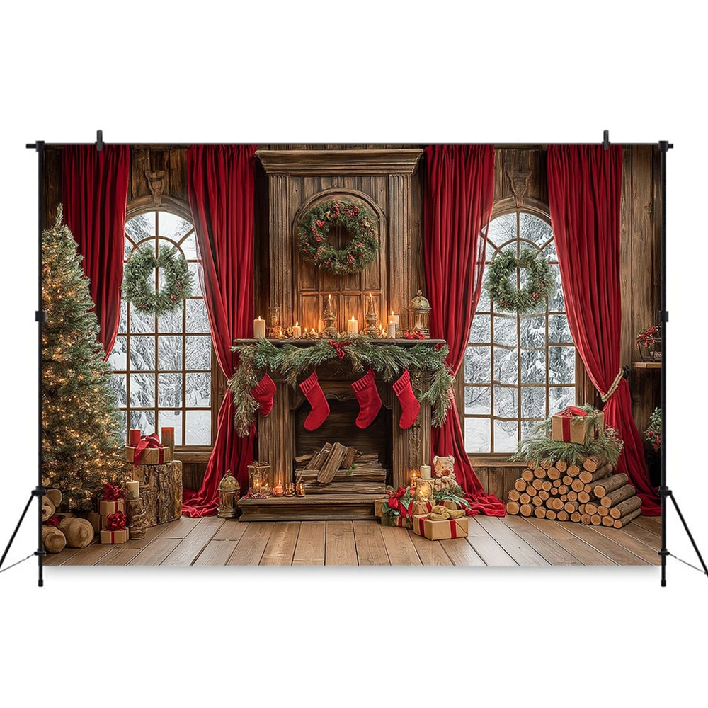 The Red Christmas Room Backdrops Child Baby Photo Props Adult Kids Decors Fireplace French Window Photography Studio Backgrounds