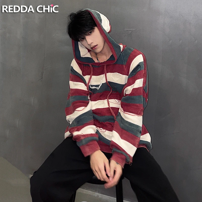 

REDDACHIC Contrast Stripe Knit Jumper Drawstring Hooded Long Sleeve Ripped Pullover Sweater Men's Top Trendy Lounge Streetwear