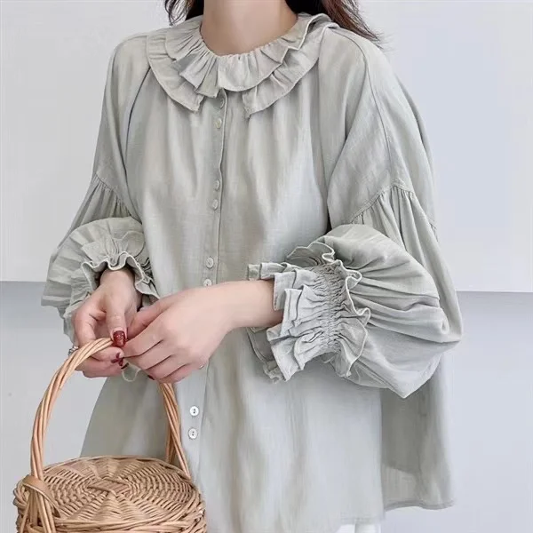 Mori kei Japanese fashion sweet shirts women plus size tops ruffled shirts long sleeve blouses doll blouses cute clothes