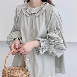 Mori kei Japanese fashion sweet shirts women plus size tops ruffled shirts long sleeve blouses  doll blouses cute clothes