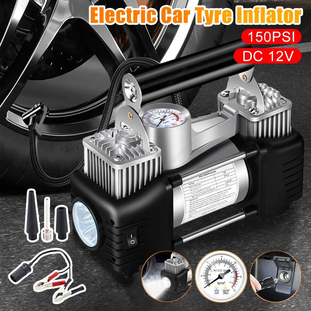 

12V Dual Cylinder Air Compressor 150PSI Heavy Duty Tire Inflator with Pressure Gauge Auto Truck Electric Inflatable Air Pump New