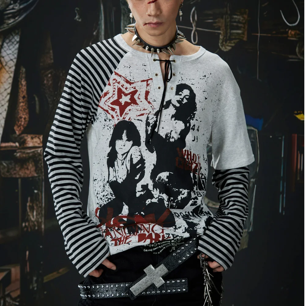 Punk y2k light Asian deconstruction splicing striped print slim fit long sleeved men's and women's T-shirt