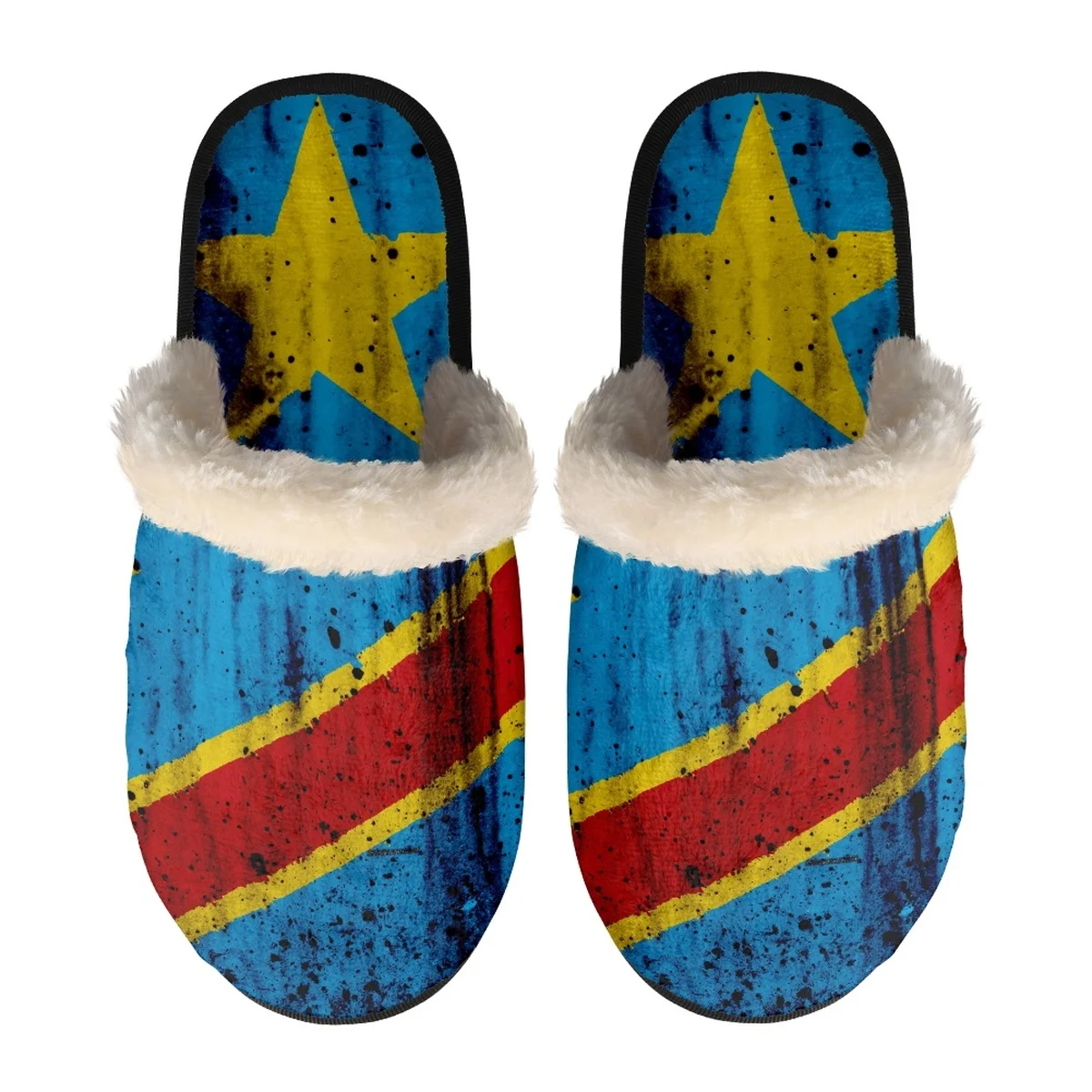 Blue Congo Flag Printings Winter Plush Cotton Slippers Lightweight Household Slippers Fashion Simple Warm Flat Shoes For Women