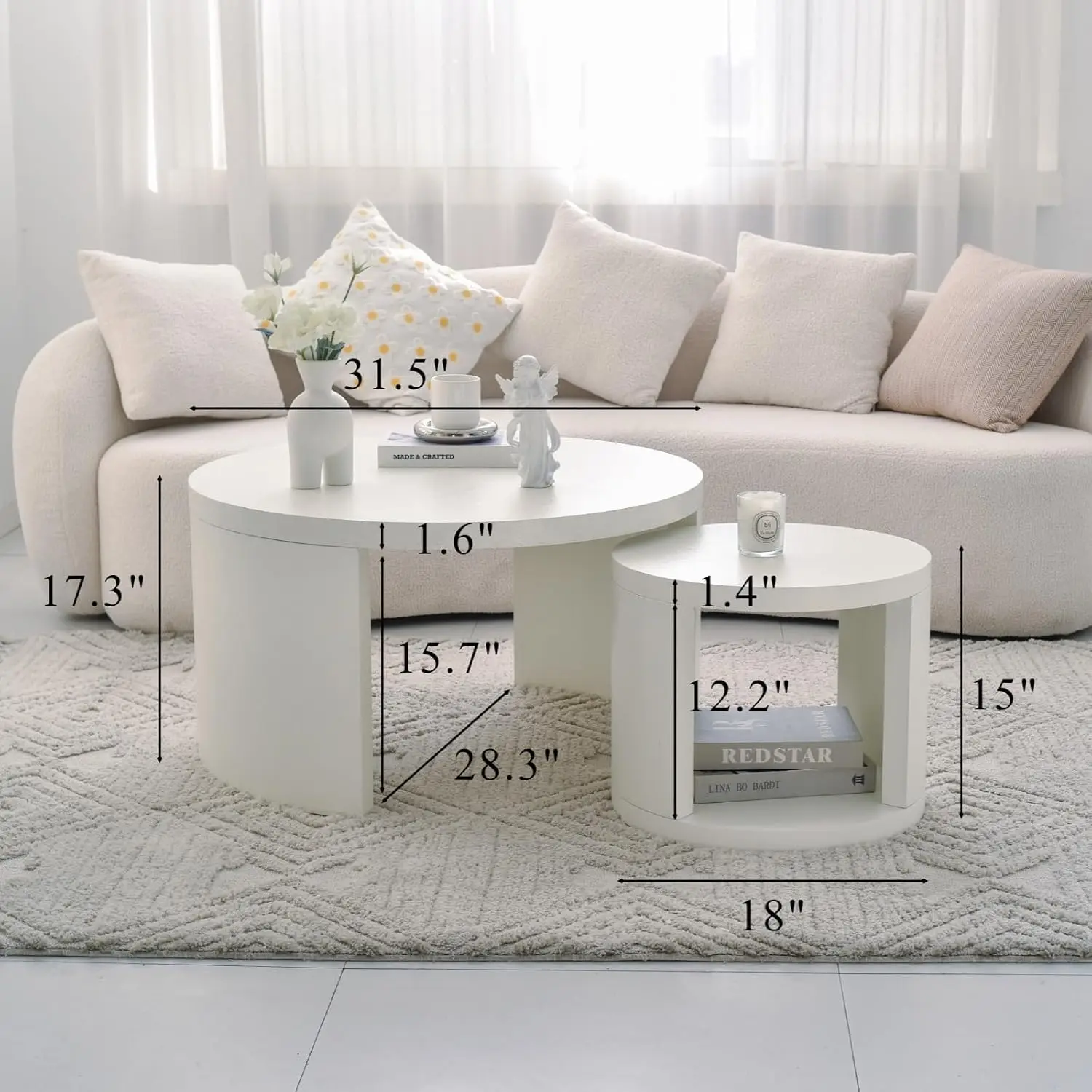 Round Nesting Coffee Table Set of 2, 31.5 & 18 in Textured White, Customized