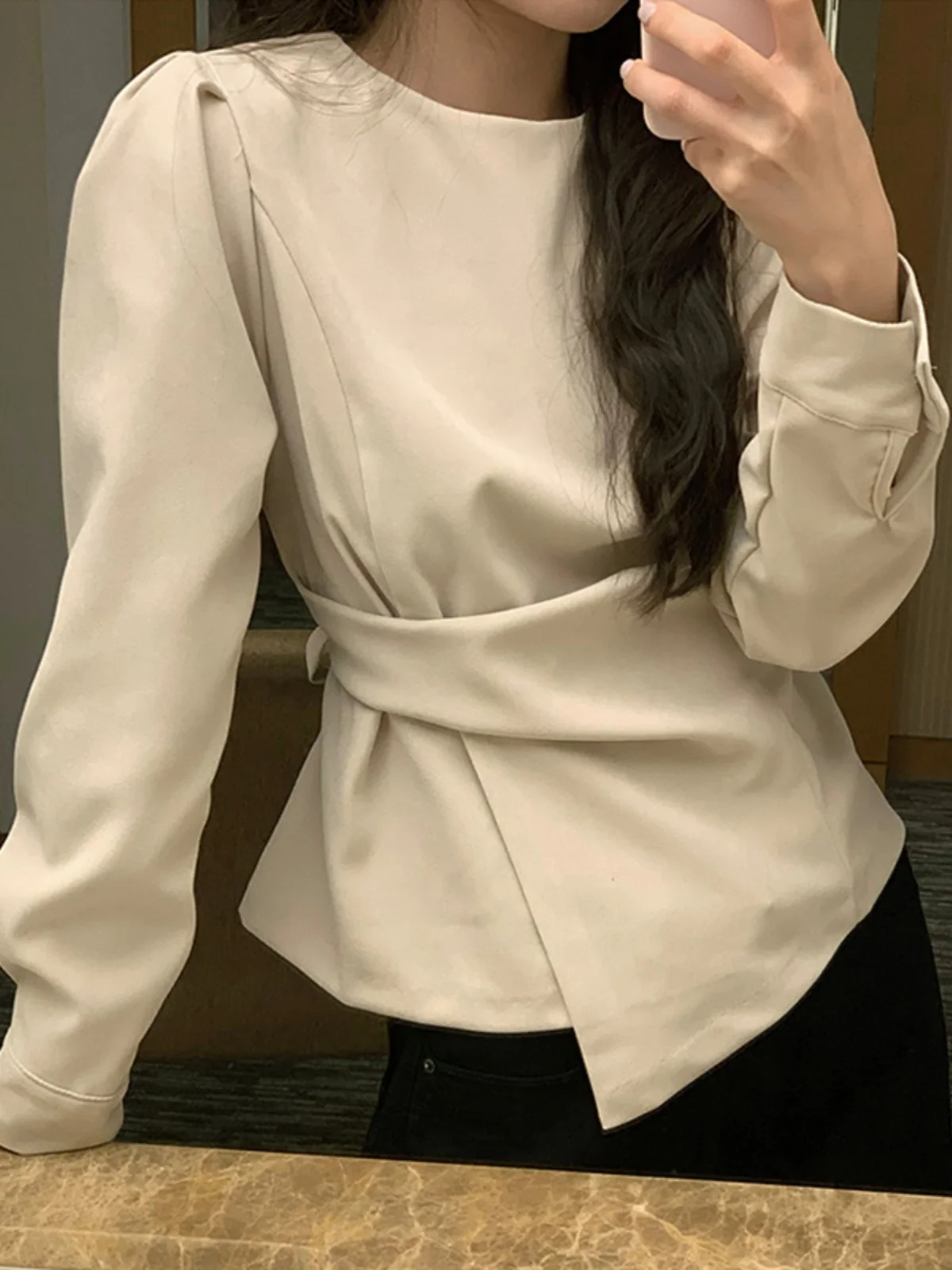 

Early Spring Bow Tie ort irt Women's Sli Korean Version Slimming Waist Unusual Design Faionable Top Ladies' irt